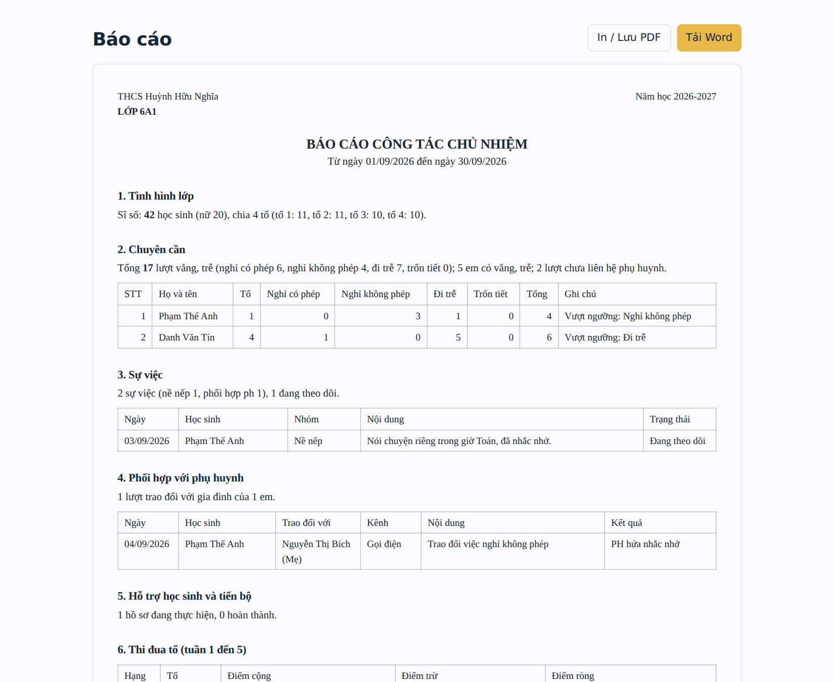 Báo cáo công tác chủ nhiệm tự gom số liệu, in PDF hoặc tải Word